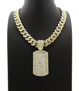 DOG TAG PENDANT DIMOND 20" CUBAN LINK CHAIN NECKLACE GOLD HIP HOP ICED BLING cz - Picture 1 of 2