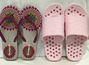 Desigual Womens Colorful Flip Flops Sandals + Pink Shower Sandals Lot of 2 Pair