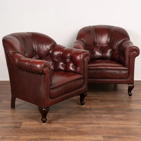 Pair, Vintage Red Leather Club Chairs, Denmark circa 1920-40 Cover