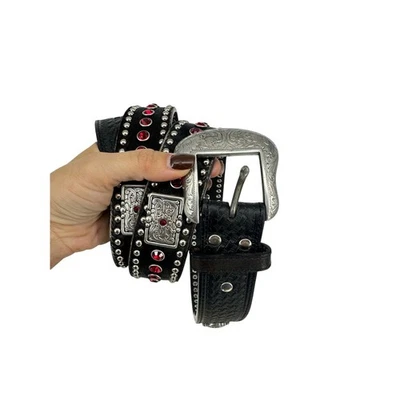 Cinturón Nocona Mujer L Cuero Rojo Estrás Negro Western Festival Vaquera  Foto 1 de 4