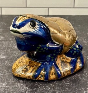 Figurine grenouille poterie mexicaine Tonala vintage motif Mexique avec laiton cuivre - Photo 1/8