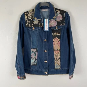 Neu mit Etikett Chico's Gr. 0/S Heirloom Indigo Jeansjacke Blumen verziert Metallic - Bild 1 von 10