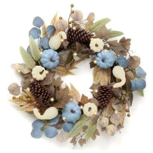 DecorbyHannah Fall Wreaths for Front Door, 22 inch Pre-Lit Autumn Wreath Blue - Picture 1 of 7