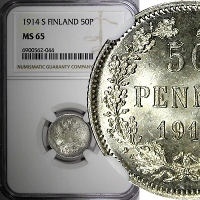 FINLAND Nicholas II Silver 1914 S 50 Penniä NGC MS65 GEM BU COIN KM# 2.2 (044) - Image 1 of 4