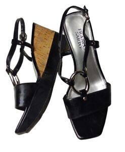 Franco Sarto Women Slingback Wedge  Sandals 7 Black Patent Square Toe