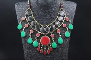 Vintage Afghan Alpaka Necklace, Colorful Enamel Tassels Costuming Necklace, - Picture 1 of 8