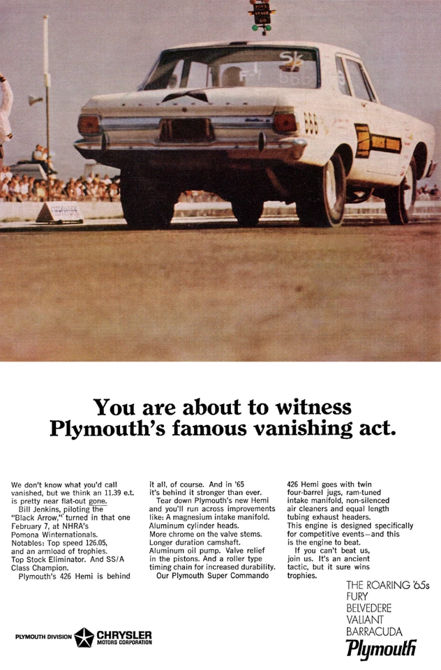Cartel publicitario 13x19 1965 Plymouth Belvedere 426 Hemi acto de desaparición Bill Jenkins Fury Foto 1 de 1
