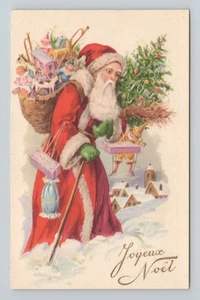 Postcard Joyeux Noel Red Robe Santa Christmas Tree Toys Puppet Walking Stick - Picture 1 of 2