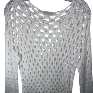 Pink Lily white crochet sweater medium pullover neutral boho beach - Picture 1 of 8