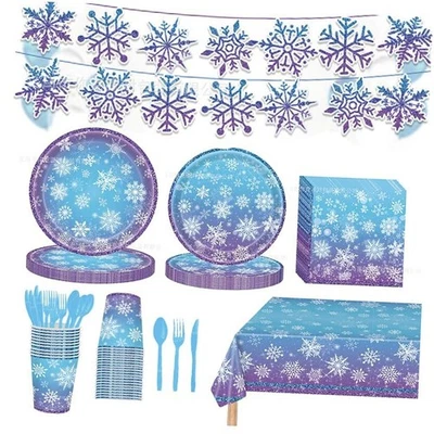 170 PIEZAS Decoraciones de Fiesta de Cumpleaños Congeladas Púrpura y Azul Copo de Nieve Invierno  Foto 1 de 4