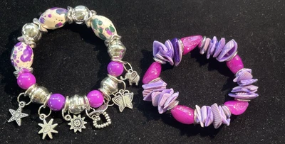H419~ 2 Colorful Shell Bead & Silver Stretch Bracelets or Anklets Beach Purple - Image 1 of 4
