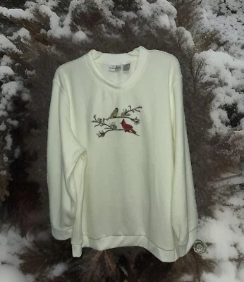 NWT Madison Taylor 3X Cream w/ Cardinal Winter Birds Fleece Sweatshirt - Image 1 of 4
