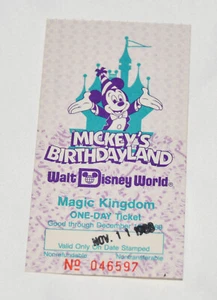Boleto de 1 día WALT DISNEY WORLD Magic Kingdom Mickey's Birthdayland usado noviembre 1988 - Imagen 1 de 6