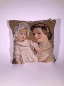 Mother and Child Mother's Day Gift Handmade Needlepoint Pillow Zip 16x16" Velvet - Picture 1 of 7