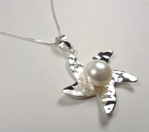 STERLING SILVER NAUTICAL STARFISH WITH PEARL SEA LIFE FISH PENDANT NECKLACE - Picture 1 of 4