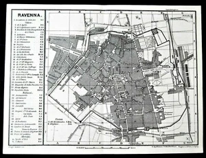 1887 Mappa Topografica citta di RAVENNA + Contorni Ravenna e Bologna.Baedeker - Foto 1 di 2