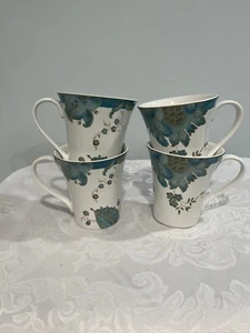 222 Fifth Eliza Teal SET OF 4 Coffee Mugs Floral Peacock NEW - Picture 1 of 5