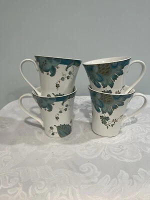 222 Fifth Eliza Teal  SET OF 4  Coffee Mugs Floral Peacock NEW - Image 1 of 4