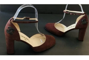 CHANEL SUEDE BURGUNDY SHOES HEELS PUMPS W/CC LOGO 36 - Picture 1 of 10