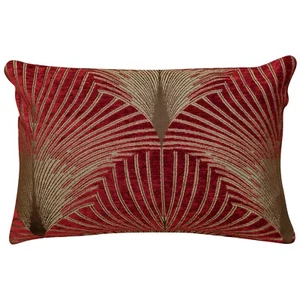 Art Deco Boudoir Cushion. Luxury Velvet Chenille. Red and Gold Fan Pattern. - Picture 1 of 2