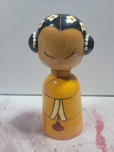 Japanische Holzpuppe Wackel nickender Kopf Japan 1960-70er Vintage Holz 6" hoch Brötchen - Bild 1 von 7