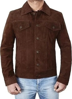 Men’s Dark Brown Suede Leather Trucker Jacket Vintage Western Motorcycle Style - Image 1 of 4