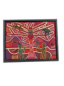 Vtg Kuna Mola Textile Folk Art Handmade Patchwork Indian Needlework MCM Framed - Picture 1 of 6