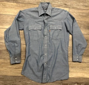Vtg Levis Men Blue ORANGE TAB Pearl Snap Long Sleeve Button Up Shirt Mens Medium - Picture 1 of 3