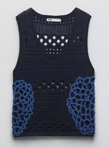 Zara Mixed Crochet Navy Blue Knit Sleeveless Top size S NWOT - Picture 1 of 7