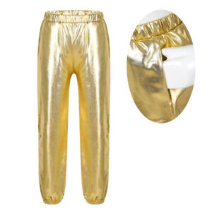US Kids Girls Dance Pants Metallic Shiny Trousers Hip hop Jazz Costume Sportpant