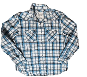 Camicia American Eagle blu a quadri Western Pearl Snap taglia XL vestibilità vintage nuova senza etichette - Foto 1 di 13