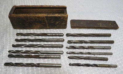 Antique Wooden Primitive Dovetail Joints Slide Lid Box With 12 Drill Bits 5" - Image 1 of 4