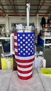 40 Oz Rhinestone Bling Tumbler with Handle and Straw (American Flag) Theme - Picture 1 of 4