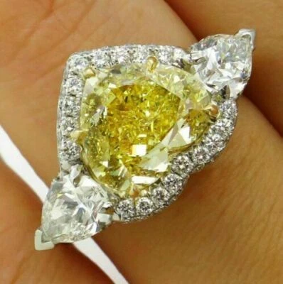 4.35 CT Fancy Yellow Heart & Pear Cut Citrine CZ 3 Stone Women's 925 Silver Ring - Image 1 of 4