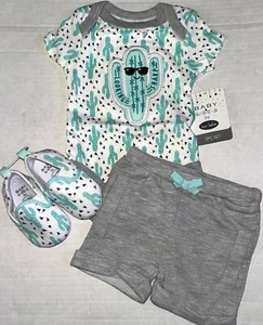 BON BEBE 3 piece set white/green/gray cactus motif size 0-3 months - Picture 1 of 1