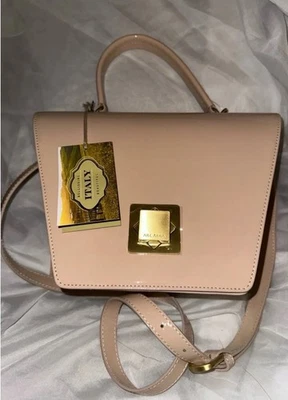 ARCADIA TRAPEZE ITALIAN LEATHER HANDBAG NUDE ENVELOPE CLOSURE SZ LRG BNWT - Image 1 of 4
