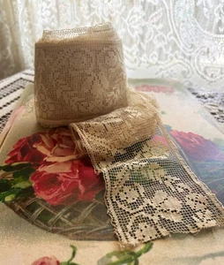 5 1/2 Yds Antik Filet Netz Spitze Handgebunden Floral 3 3/4" Breite Borte Yardage - Bild 1 von 5