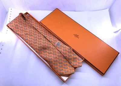 HERMES Paris Necktie Pure Silk Orange Logo Unicorn Motif Men's Accessory w/Box - Image 1 of 4