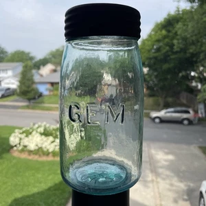 Antik c1867 Juwel 32 Unzen blau Glas Einmachglas #18 Schnitzel Rad Top Doppelstempel - Bild 1 von 14