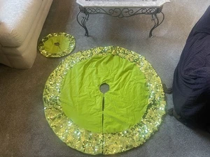 Christmas Tree Skirt Two Matching Green With Sequins Bright Green - Picture 1 of 9