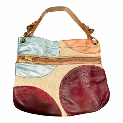 Bolso de Lona de Cuero FOSSIL De Colección Círculos de Retazos Bandolera Hombro Logo Llave Foto 1 de 4