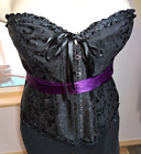 3XL Black Corset Overbust Floral Purple Ribbon Cosplay Costume Hook Front