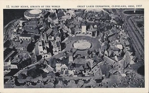 Postcard OH Cleveland Great Lakes Exposition Blimp Scene Streets of World 1937 - Picture 1 of 1