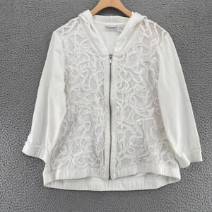 Chicos Hoodie Womens 1 US Large White Zenergy Mesh Front Full Zip 3/4 Sleeves - Picture 1 of 11
