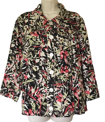 CJ Banks Mujer 1X Rosa Negro Marrón Floral Manga 3/4 Blazer Lino Rayón Bolsillos Foto 1 de 4