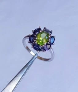 Peridot Iolite Cluster Ring 925 Sterling Silver Handmade Gemstone Jewelry Gift - Picture 1 of 11