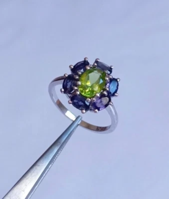 Peridot Iolite Cluster Ring 925 Sterling Silver  Handmade Gemstone Jewelry Gift - Image 1 of 4