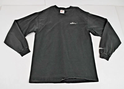 复古耐克长袖衬衫 M 90 年代经典黑色白色 Swoosh 美国制造 — 第 1/4 张图片