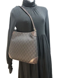 NEW GUCCI GG Logo Hobo Brown Denim Brown Leather Trim Shoulder Bag Handbag Purse - Picture 1 of 13