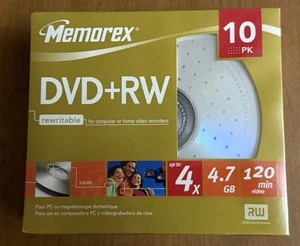 NEW Memorex DVD+RW 4x 4.7 GB 120min Discs 10 Pack Blank Storage Media Sealed - Picture 1 of 6